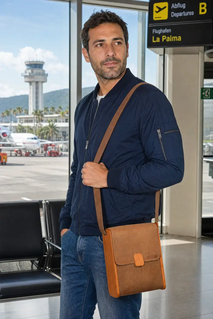 Mann trägt Ledertasche Modell Bernd M Art. 23018, Unikat, hergestellt auf La Palma, Kanarische Inseln, Spanien, Europa