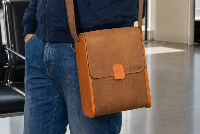 Mann trägt Ledertasche Modell Bernd M Art. 23018, Unikat, hergestellt auf La Palma, Kanarische Inseln, Spanien, Europa