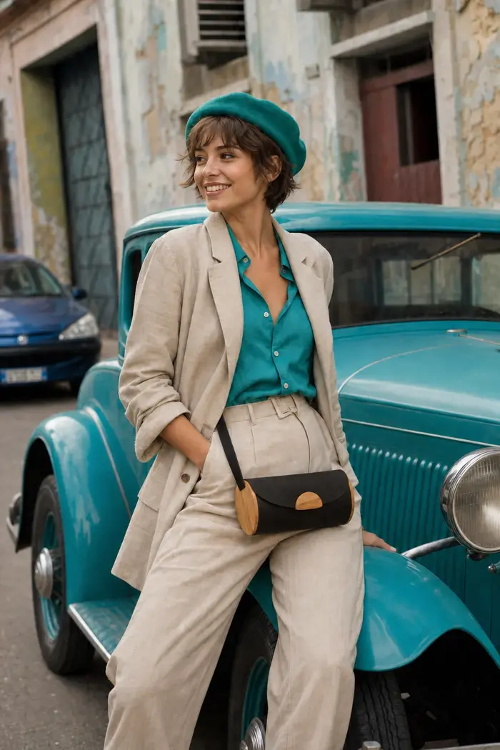 Frau trägt Ledertasche Modell Bernardina M Art. 23012, Unikat, hergestellt auf La Palma, Kanarische Inseln, Spanien, Europa