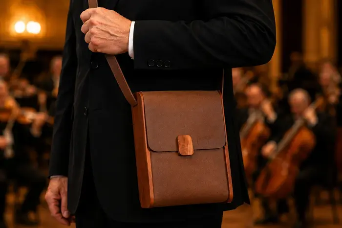 Mann trägt Ledertasche Modell Bernd M Art. 23017, Unikat, hergestellt auf La Palma, Kanarische Inseln, Spanien, Europa