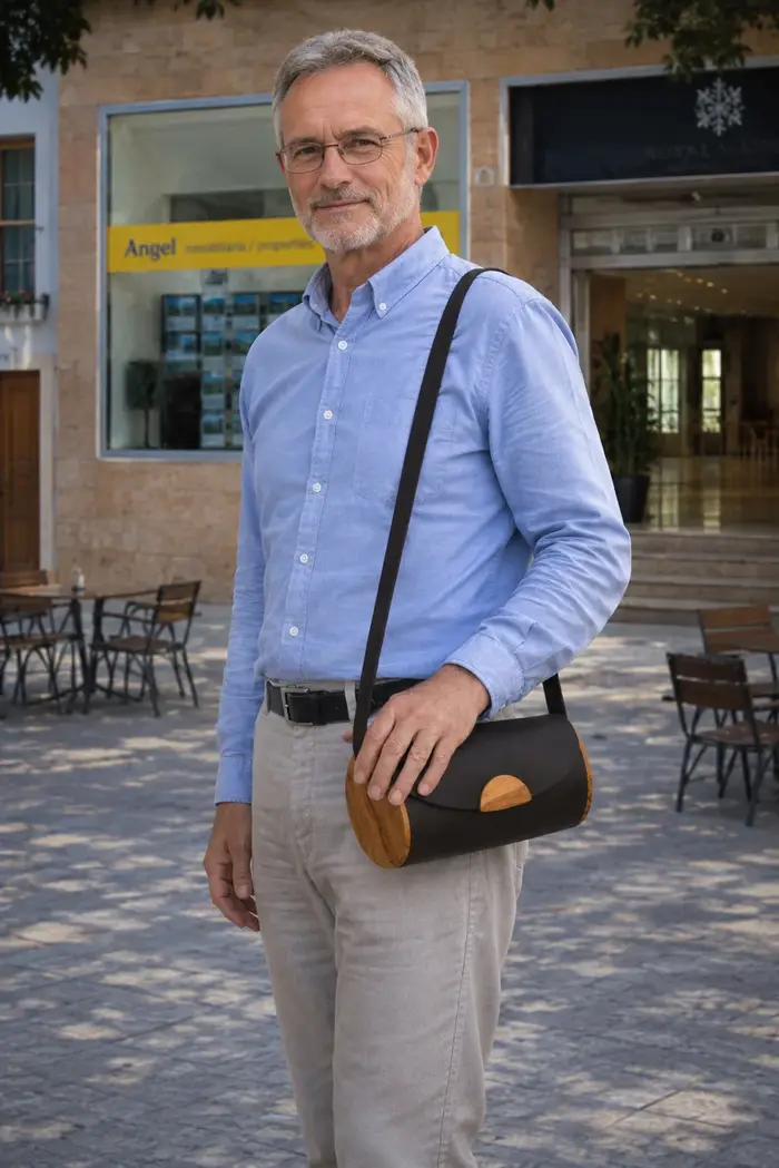 Mann trägt Ledertasche Modell Bernardina M Art. 23013, Unikat, hergestellt auf La Palma, Kanarische Inseln, Spanien, Europa