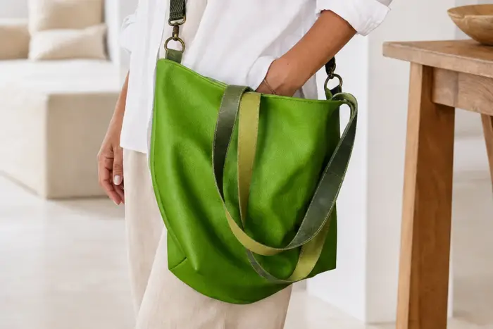 Frau trägt Ledertasche Modell Sarah playa L Art. 25073, Unikat, hergestellt auf La Palma, Kanarische Inseln, Spanien, Europa