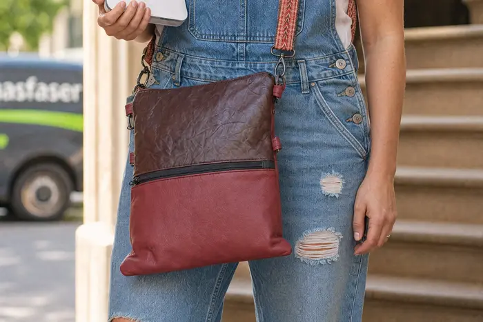Frau trägt Ledertasche Modell Sam flex M Art. 25098, Unikat, hergestellt auf La Palma, Kanarische Inseln, Spanien, Europa
