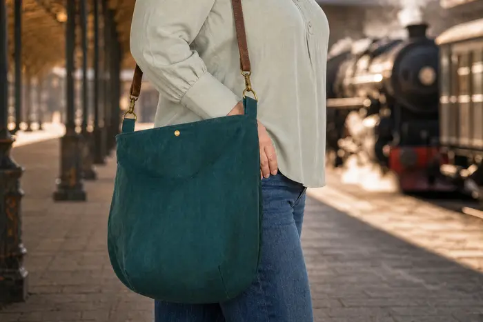 Woman carrying leather bag model Iris L Art. 26058, unique piece, made on La Palma, Canary Islands, Spain, Europe