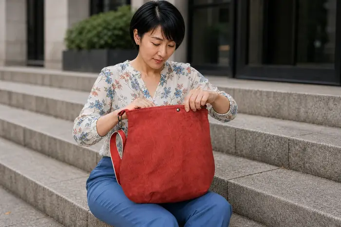 Frau trägt Ledertasche Modell Iris L Art. 26060, Unikat, hergestellt auf La Palma, Kanarische Inseln, Spanien, Europa
