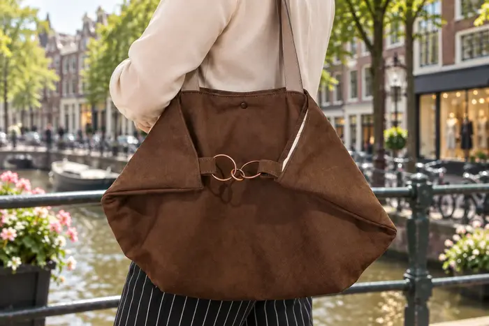 Eine Frau schiebt ihr historisches Fahrrad über die Plaza von Tazacorte auf La Palma und trägt dabei die Ledertasche Sarah zip M (Art. 25102)