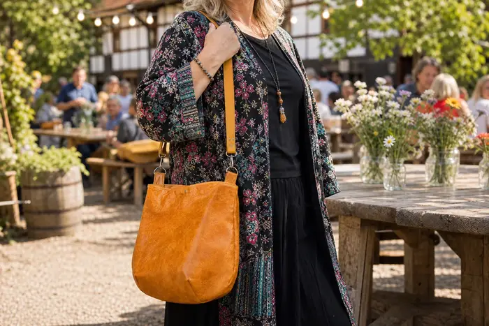 Frau trägt Ledertasche Modell Iris L Art. 26057, Unikat, hergestellt auf La Palma, Kanarische Inseln, Spanien, Europa