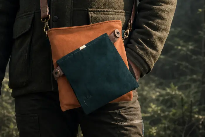 Mann trägt Ledertasche Modell Ben dia M Art. 24085, Unikat, hergestellt auf La Palma, Kanarische Inseln, Spanien, Europa
