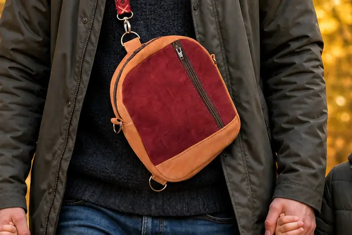 Ein älterer Mann freut sich über die geschenkte Ledertasche Modell Adrian flex M Art. 24099, ein Unikat von La Palma, Kanarische Inseln, Spanien, Europa