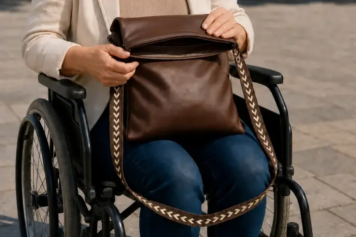 Frau trägt Ledertasche Modell Sam zip M Art. 25101, Unikat, hergestellt auf La Palma, Kanarische Inseln, Spanien, Europa