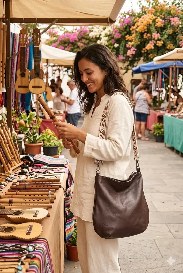 Mujer lleva bolso de cuero modelo Iris zip M Art. 25112, pieza única, fabricada en La Palma, Islas Canarias, España, Europa