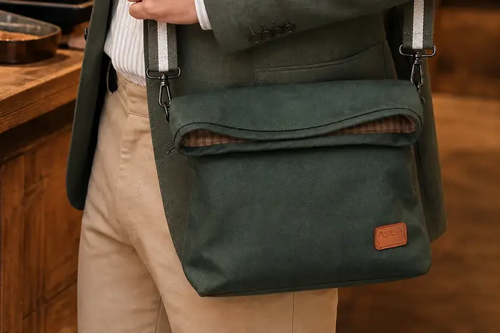Mann trägt Ledertasche Modell Sam M Art. 23034, Unikat, hergestellt auf La Palma, Kanarische Inseln, Spanien, Europa