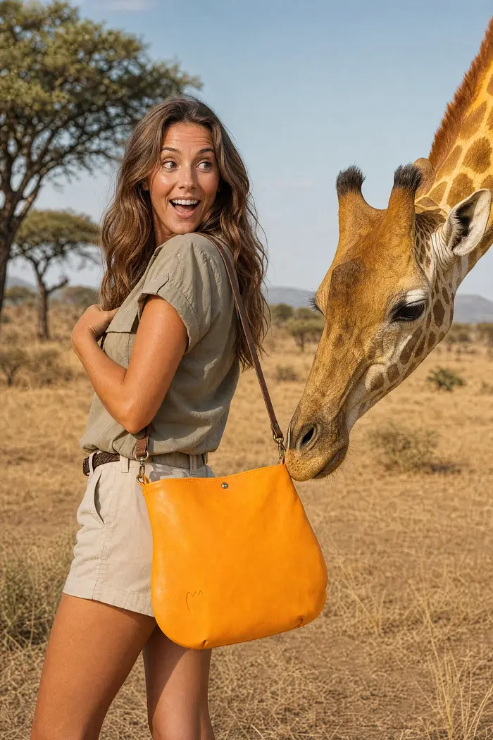 Mujer lleva bolso de cuero modelo Iris S Art. 25026, pieza única, fabricada en La Palma, Islas Canarias, España, Europa