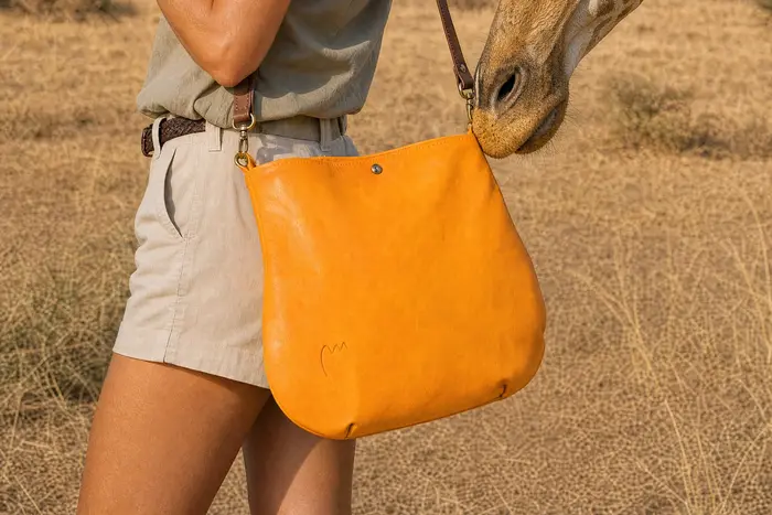 Mujer lleva bolso de cuero modelo Iris S Art. 25026, pieza única, fabricada en La Palma, Islas Canarias, España, Europa