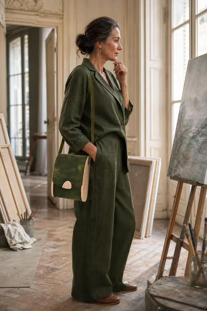 Frau trägt Ledertasche Modell Blago M Art. 25020, Unikat, hergestellt auf La Palma, Kanarische Inseln, Spanien, Europa