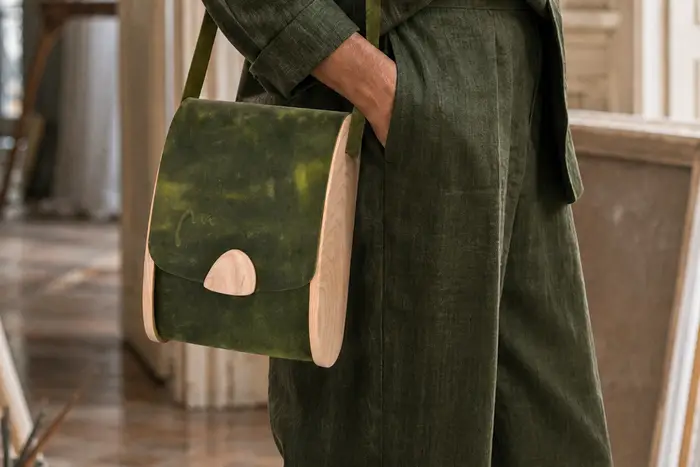 Frau trägt Ledertasche Modell Blago M Art. 25020, Unikat, hergestellt auf La Palma, Kanarische Inseln, Spanien, Europa