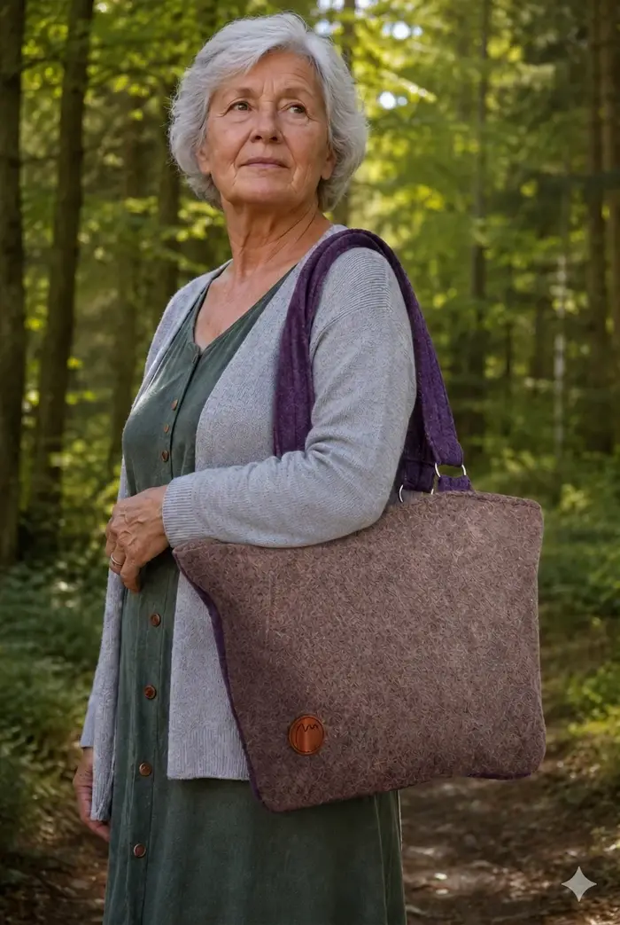 Frau trägt handgefertigte Tasche aus Walkloden Modell Sarah S Art. 25105, Unikat, hergestellt auf La Palma, Kanarische Inseln, Spanien, Europa