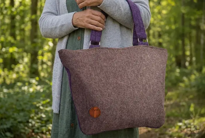 Frau trägt handgefertigte Tasche aus Walkloden Modell Sarah S Art. 25105, Unikat, hergestellt auf La Palma, Kanarische Inseln, Spanien, Europa