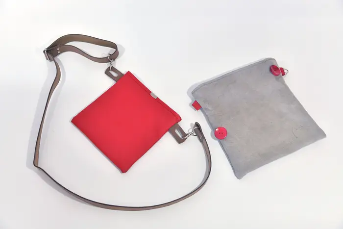 Ledertasche, Ben dia M aus geschliffenem Nubuck-Wasserbüffelleder und Nappa-Wasserbüffelleder in hellgrau und rot, Unikat, hergestellt auf La Palma, Kanarische Inseln, Spanien, Europa