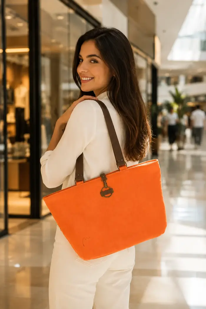 Frau trägt Ledertasche Modell Sarah S Art. 25039, Unikat, hergestellt auf La Palma, Kanarische Inseln, Spanien, Europa
