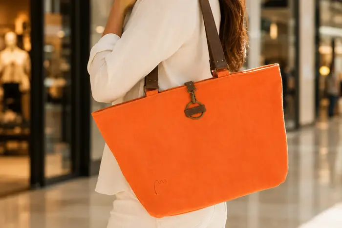 Frau trägt Ledertasche Modell Sarah S Art. 25039, Unikat, hergestellt auf La Palma, Kanarische Inseln, Spanien, Europa