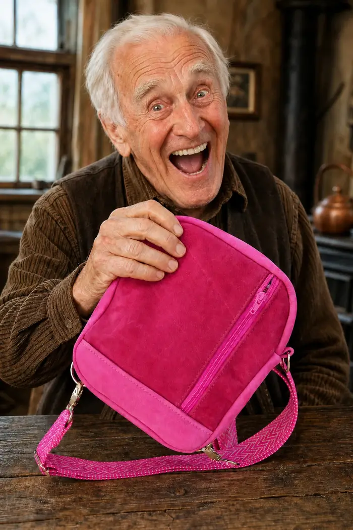 Ein älterer Mann freut sich über die geschenkte Ledertasche Modell Adrian flex M Art. 24099, ein Unikat von La Palma, Kanarische Inseln, Spanien, Europa