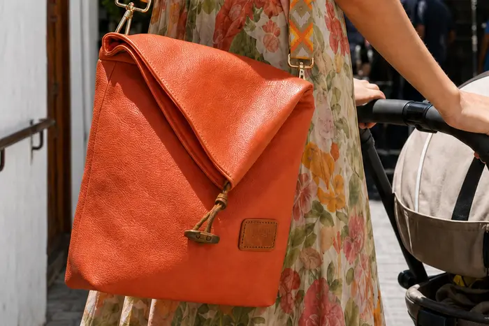 Frau trägt Ledertasche Modell Sam blando S Art. 23003, Unikat, hergestellt auf La Palma, Kanarische Inseln, Spanien, Europa