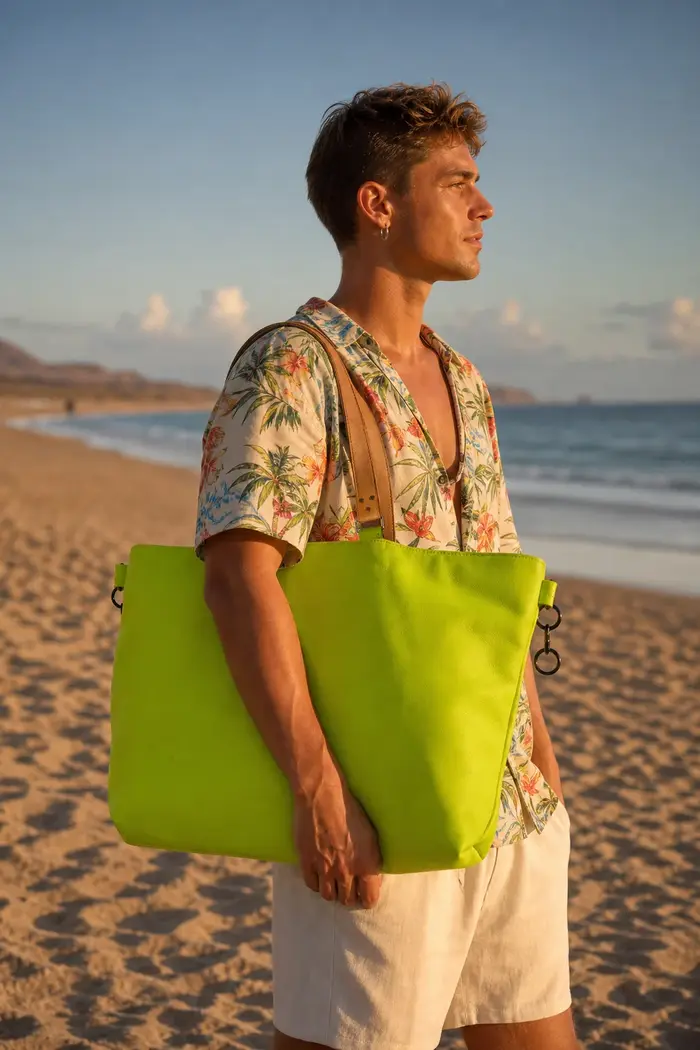 Mann trägt Ledertasche Modell Sarah M Art. 24037, Unikat, hergestellt auf La Palma, Kanarische Inseln, Spanien, Europa