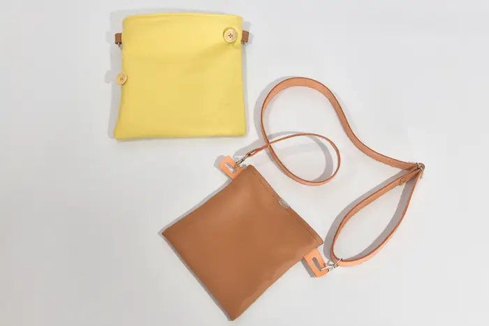 Ledertasche, Ben dia M aus Nappa-Wasserbüffelleder in pastellgelb und sandgelb, Unikat, hergestellt auf La Palma, Kanarische Inseln, Spanien, Europa