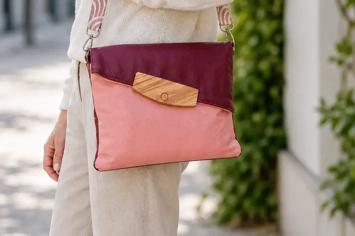 Frau trägt Ledertasche Modell Sam dia M Art. 25095, Unikat, hergestellt auf La Palma, Kanarische Inseln, Spanien, Europa