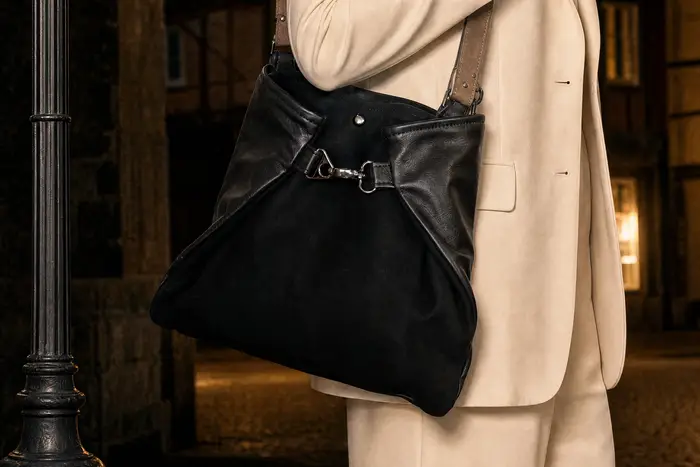 Frau trägt Ledertasche Modell Sarah S Art. 25056, Unikat, hergestellt auf La Palma, Kanarische Inseln, Spanien, Europa