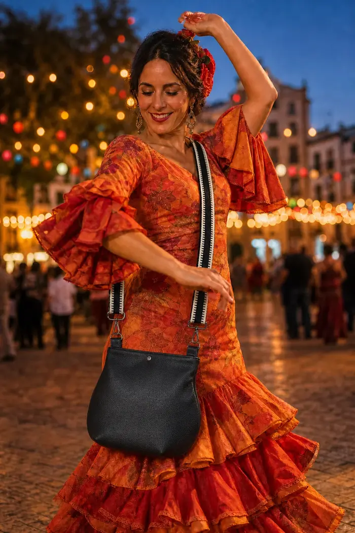 Mujer lleva bolso de cuero modelo Iris S Art. 26036, pieza única, fabricada en La Palma, Islas Canarias, España, Europa