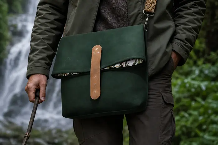 Mann trägt Ledertasche Modell Sam M Art. 24117, Unikat, hergestellt auf La Palma, Kanarische Inseln, Spanien, Europa