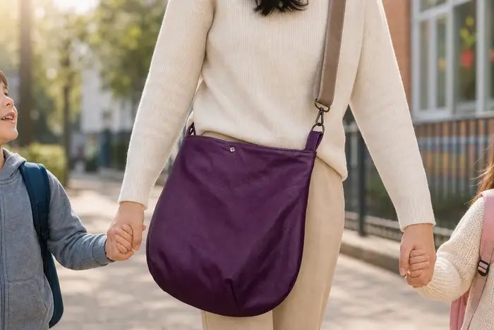 Frau trägt Ledertasche Modell Iris L Art. 26061, Unikat, hergestellt auf La Palma, Kanarische Inseln, Spanien, Europa