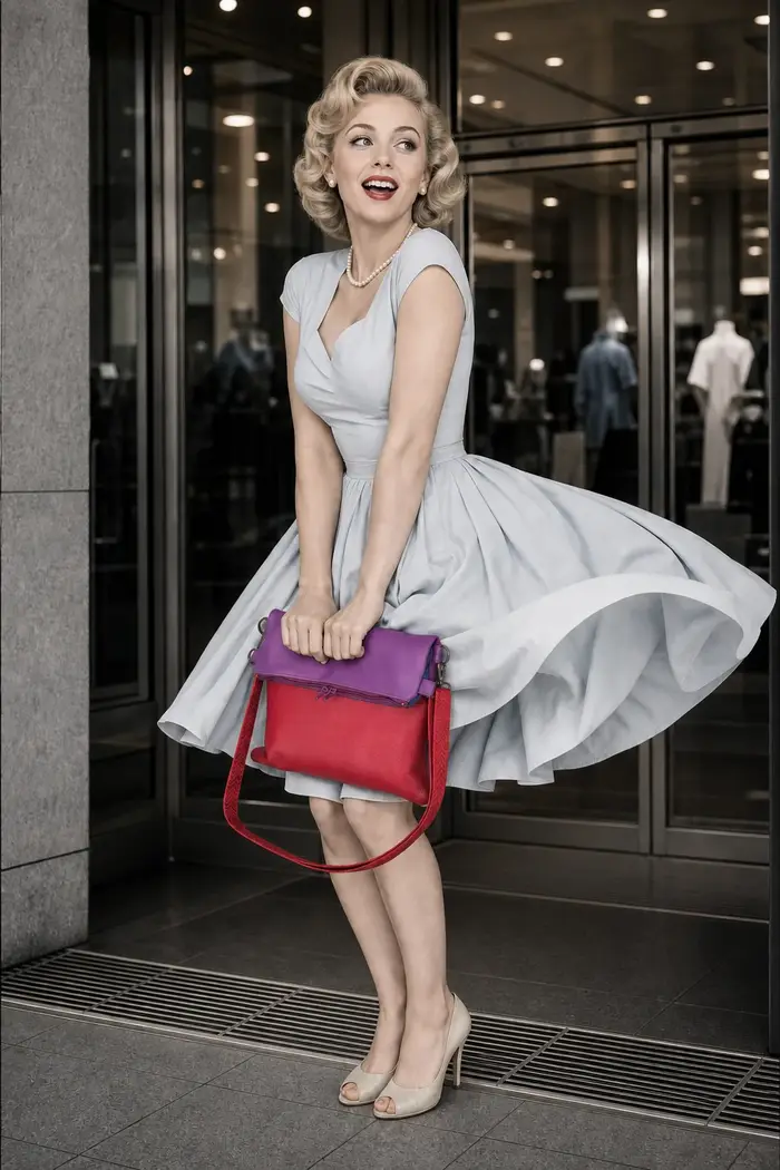 Frau trägt Ledertasche Modell Sam flex M Art. 25067, Unikat, hergestellt auf La Palma, Kanarische Inseln, Spanien, Europa