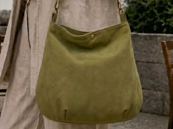 Mujer lleva bolso de cuero modelo Iris L Art. 26035, pieza única, fabricada en La Palma, Islas Canarias, España, Europa