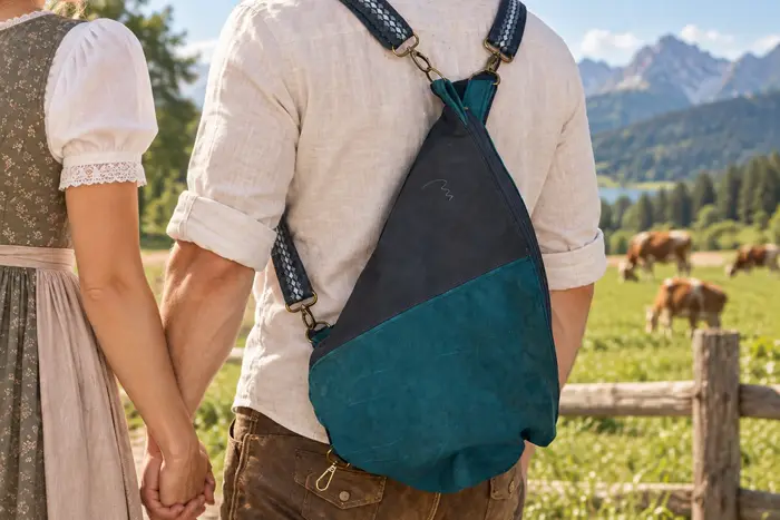 Mann trägt Lederrucksack Modell Tim S Art. 24070, Unikat, hergestellt auf La Palma, Kanarische Inseln, Spanien, Europa