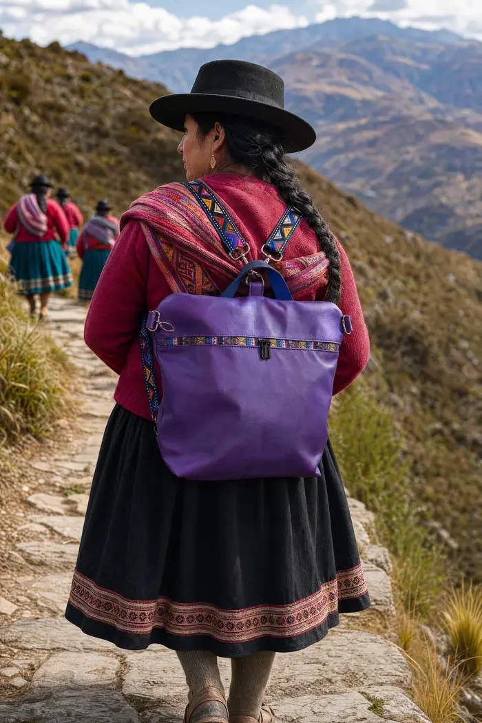 Frau trägt Lederrucksack Modell Petra blando M Art. 24118, Unikat, hergestellt auf La Palma, Kanarische Inseln, Spanien, Europa