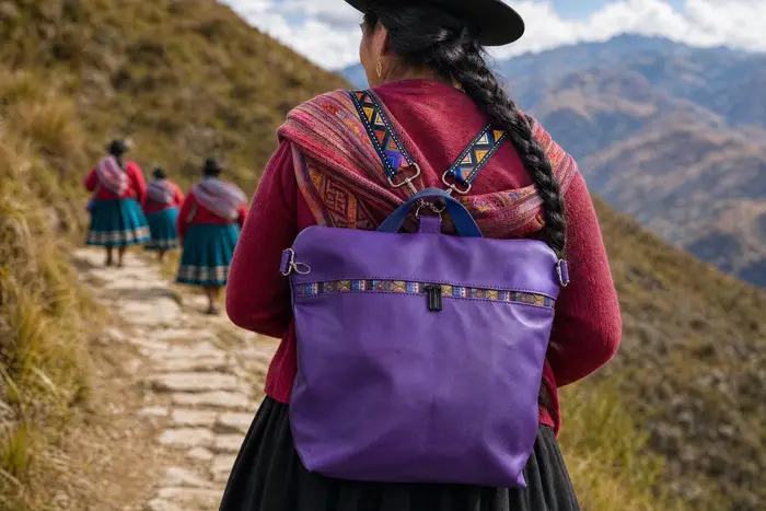 Frau trägt Lederrucksack Modell Petra blando M Art. 24118, Unikat, hergestellt auf La Palma, Kanarische Inseln, Spanien, Europa