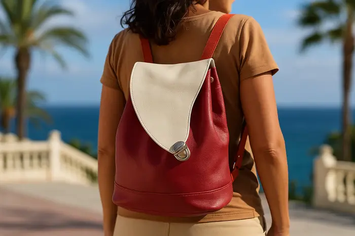 Frau trägt Lederrucksack Modell Niki M Art. 25034