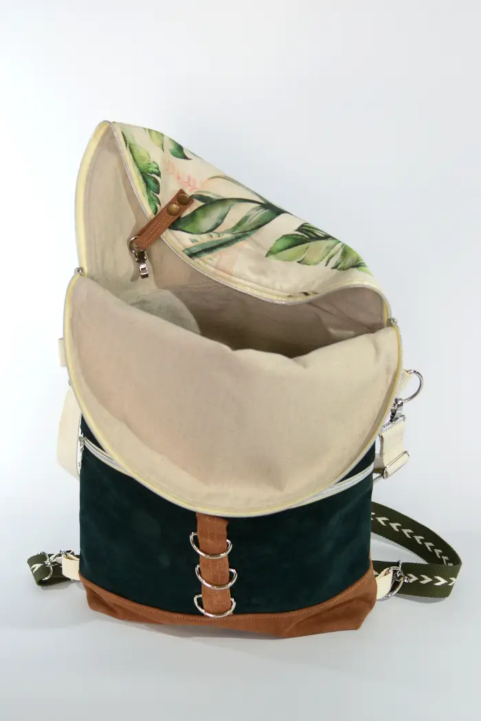 Lederrucksack, Anja M aus geschliffenem Nubuckleder in blaugrün und hellbraun, Unikat, hergestellt auf La Palma, Kanarische Inseln, Spanien, Europa