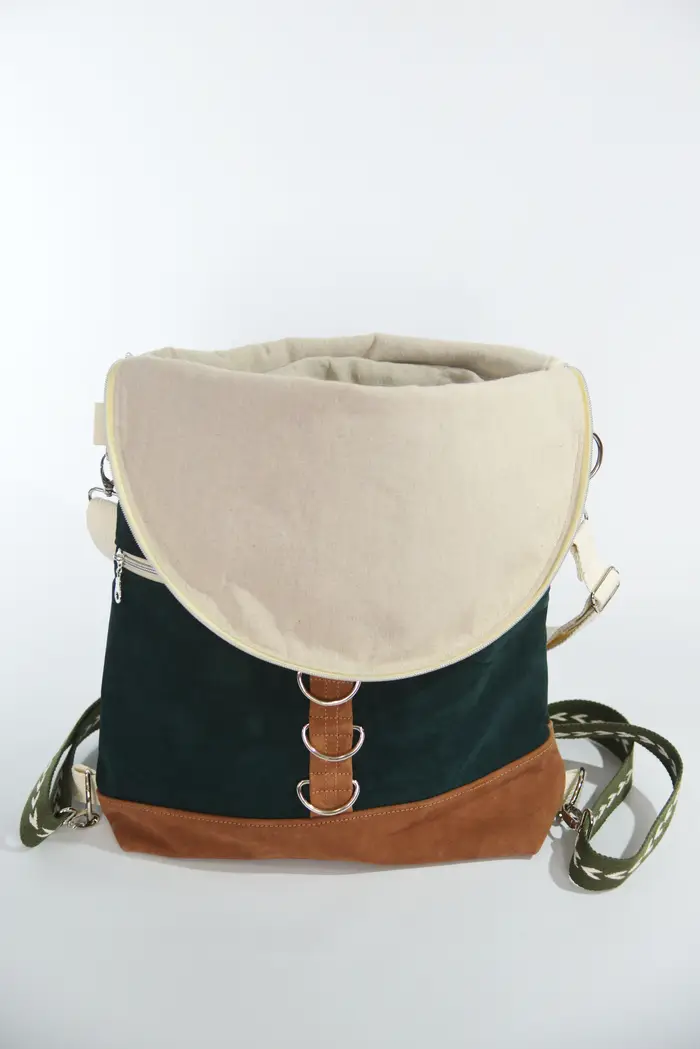 Lederrucksack, Anja M aus geschliffenem Nubuckleder in blaugrün und hellbraun, Unikat, hergestellt auf La Palma, Kanarische Inseln, Spanien, Europa