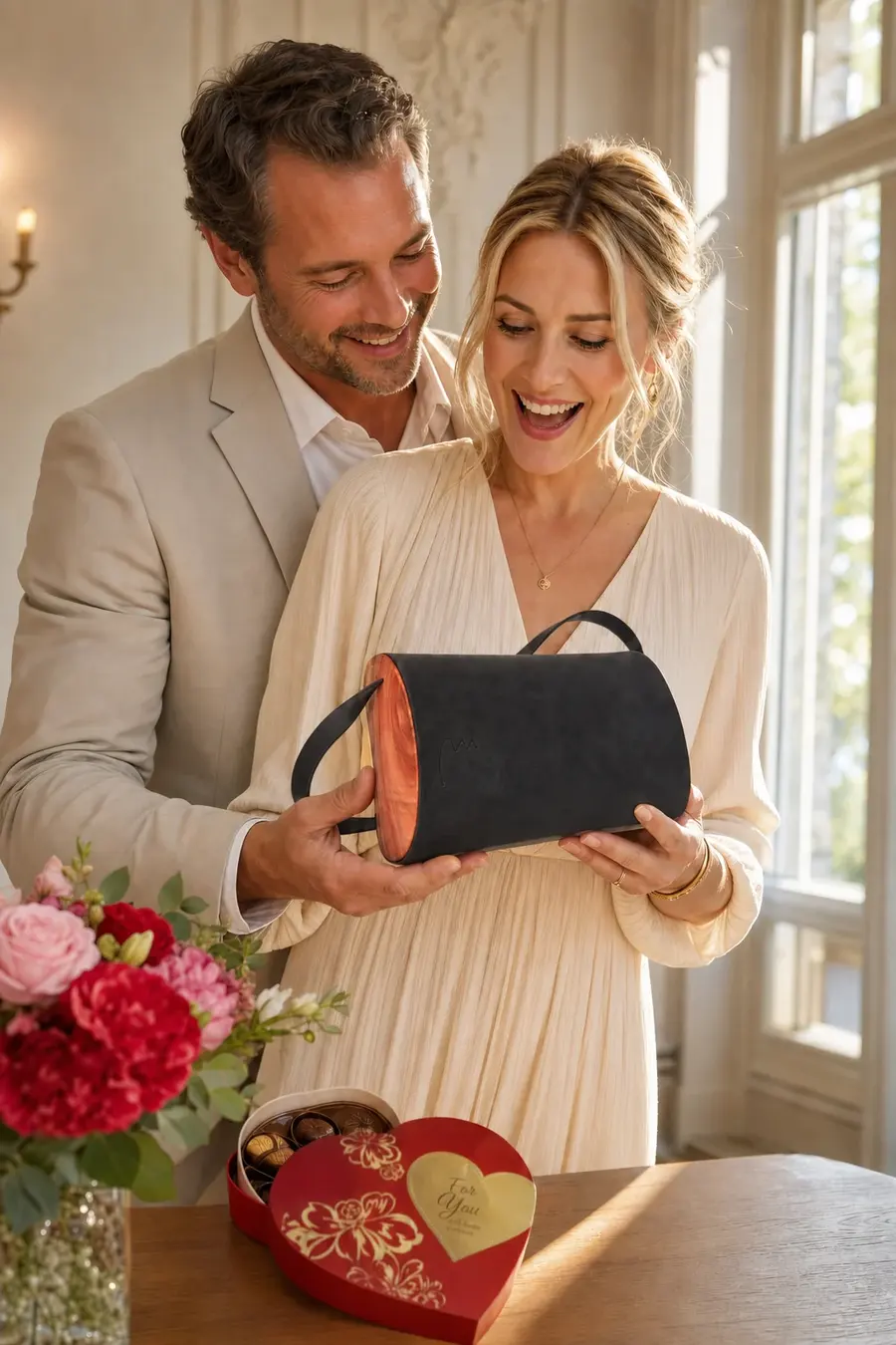 Woman receives the leather bag model Jenny S Art. 26046 as a Valentine’s Day gift