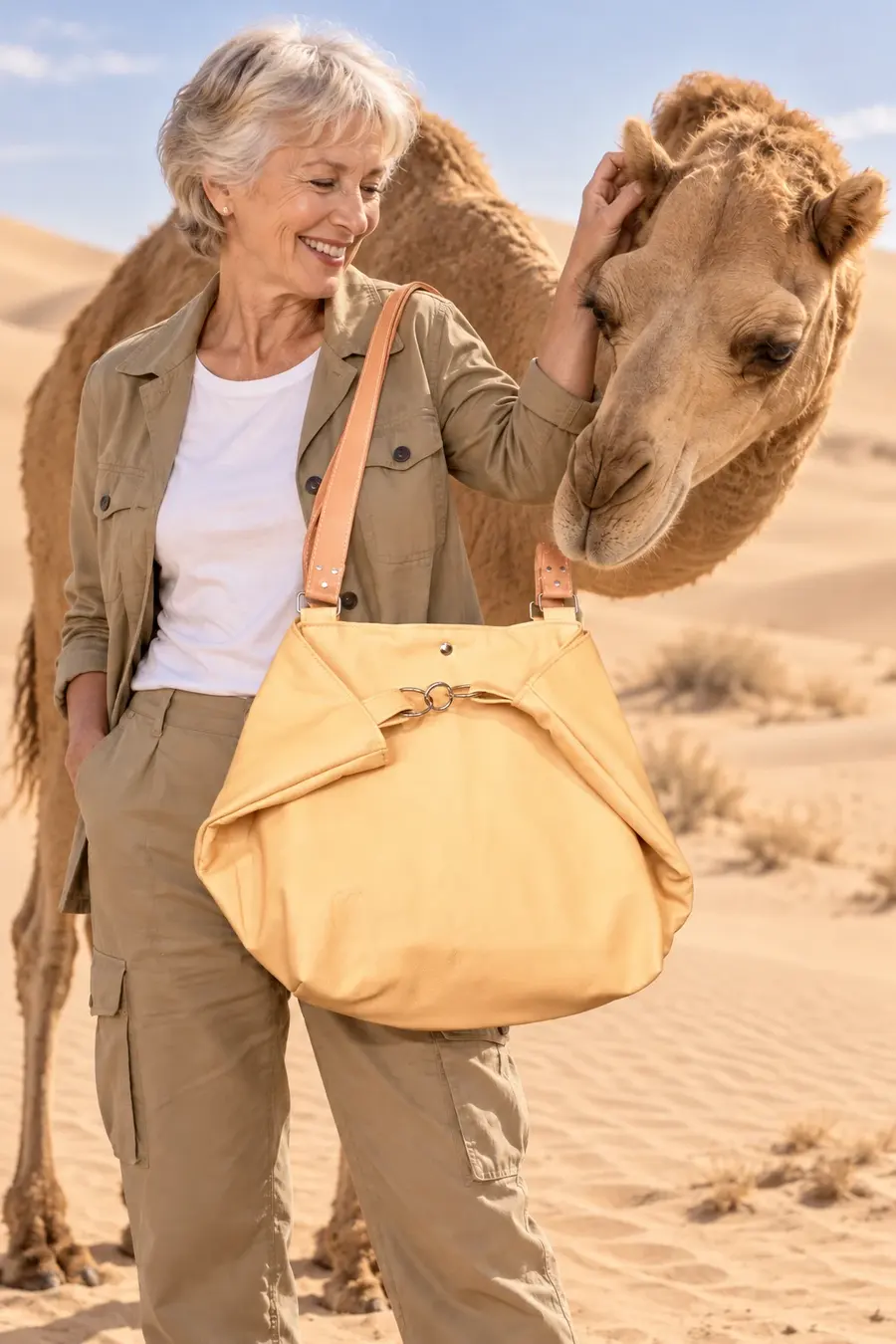 Frau trägt Ledertasche Modell Sarah playa L Art. 26075, Unikat, hergestellt auf La Palma, Kanarische Inseln, Spanien, Europa