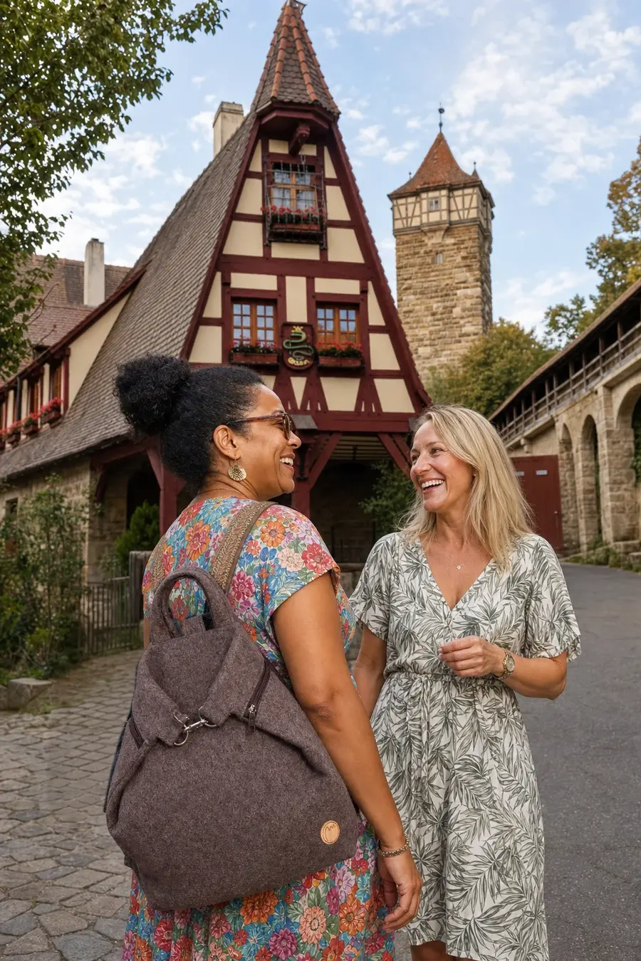 Eine Frau trägt den Lederrucksack Petra M (Art. 25044) in Rothenburg ob der Tauber, ein Unikat, hergestellt auf La Palma, Kanarische Inseln, Spanien, Europa