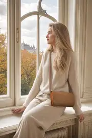 Frau trägt Ledertasche Modell Jenny S Art. 26047, Unikat, hergestellt auf La Palma, Kanarische Inseln, Spanien, Europa