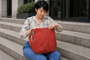 Frau trägt Ledertasche Modell Iris L Art. 26060, Unikat, hergestellt auf La Palma, Kanarische Inseln, Spanien, Europa