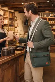 Mann trägt Ledertasche Modell Sam M Art. 23034