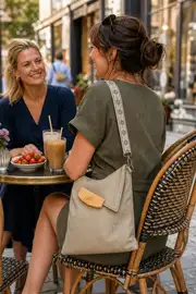 Frau trägt Ledertasche Modell Sam dia M Art. 25090, Unikat, hergestellt auf La Palma, Kanarische Inseln, Spanien, Europa