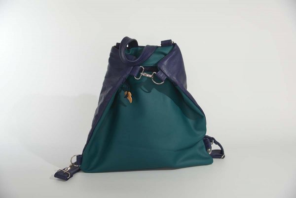 Leather rucksack model Petra green / blue